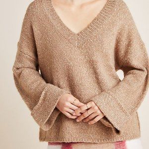 Anthropologie Relaxed Fit V-Neck Sweater Maggie Bell-Sleeved Pullover, Size XS